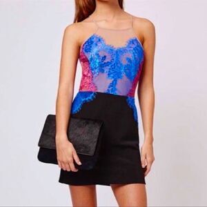 Topshop Petite Sheer Lace Black, Berry, Blue Bodycon Open Back Dress Mini Sz 2